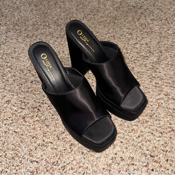 Platform Chunky Satin Black Mules Heels 9 - Picture 2 of 9